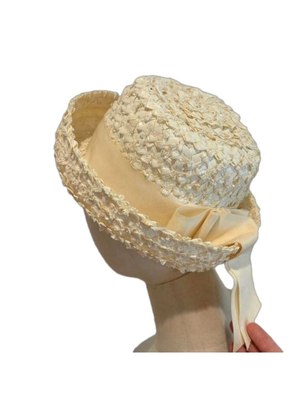 60s STRAW CELLULOSE CREAM MCM RETRO HIGH DOME HAT CURLED BRIM & WIDE RIBBON